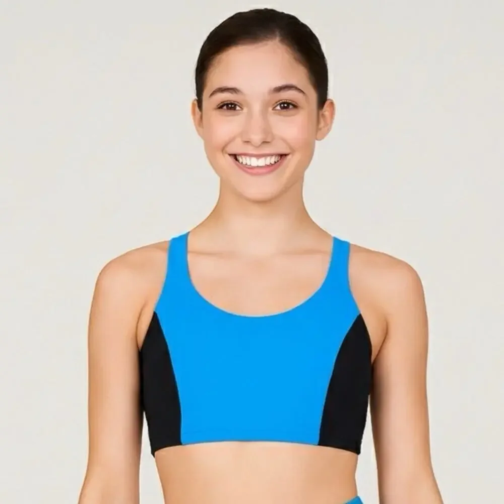 Theatricals blue black 2 piece dance set bike shorts crop top tank adult XS NWT